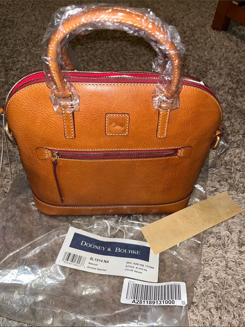 Dooney & Bourke Natural Leather Satchel with Red Zip Accent